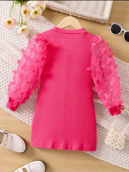 Toddler Girl Pink Dress with detailed Butterfly Mesh Sleeves Dress