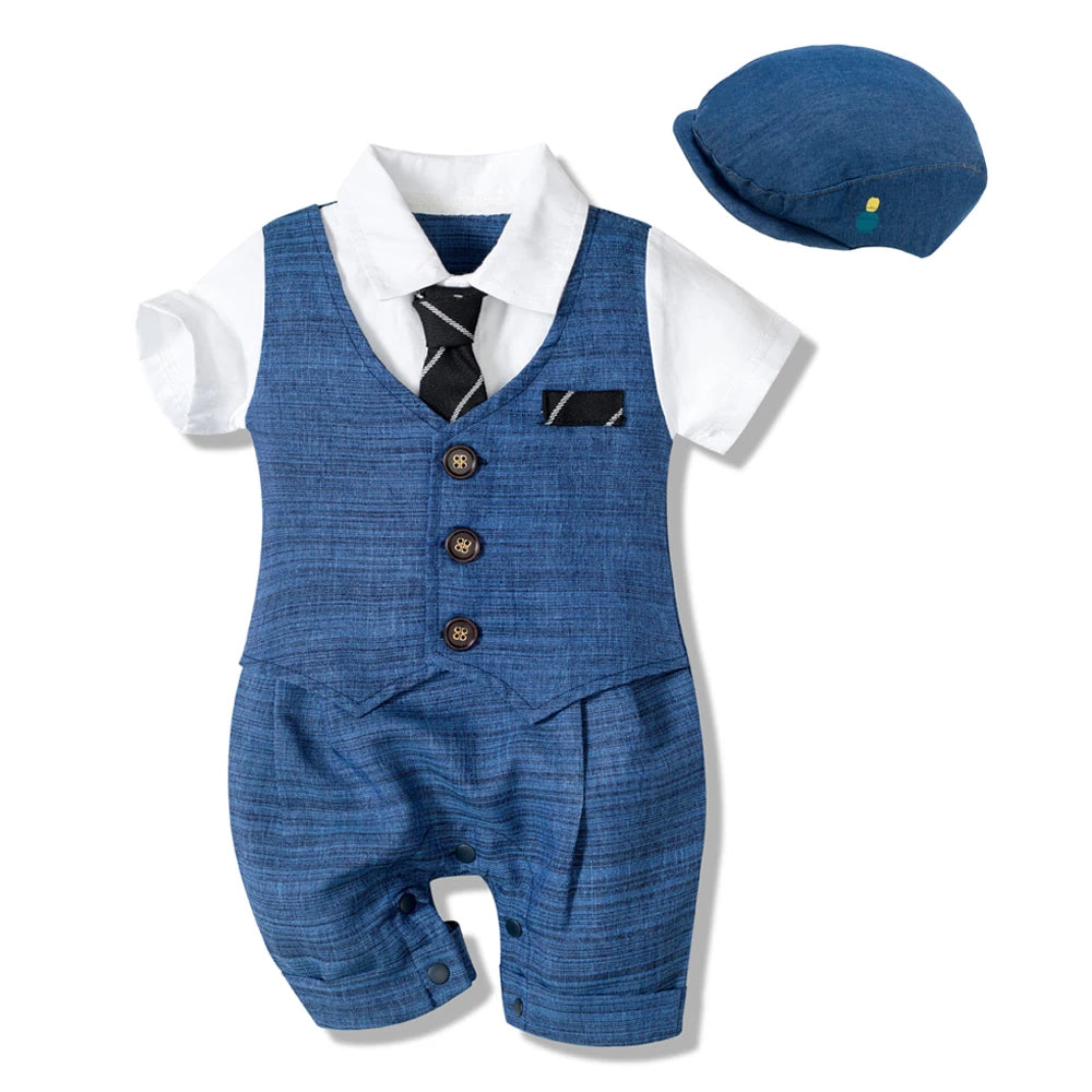 Summer Baby Romper Suit Newborn Boys Formal Clothing Cotton Children Hat + Jumpsuit + Shoes + Socks 4 Pieces Outfit Blue Costume